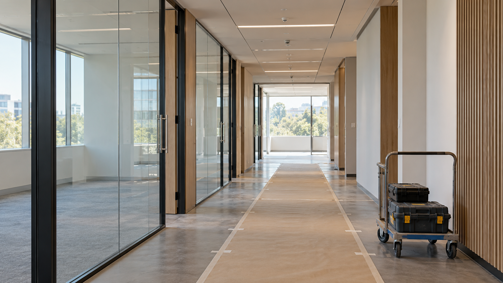 Near-complete commercial office corridor with glass partitions, protective floor covering and a cart holding contractor tool cases.