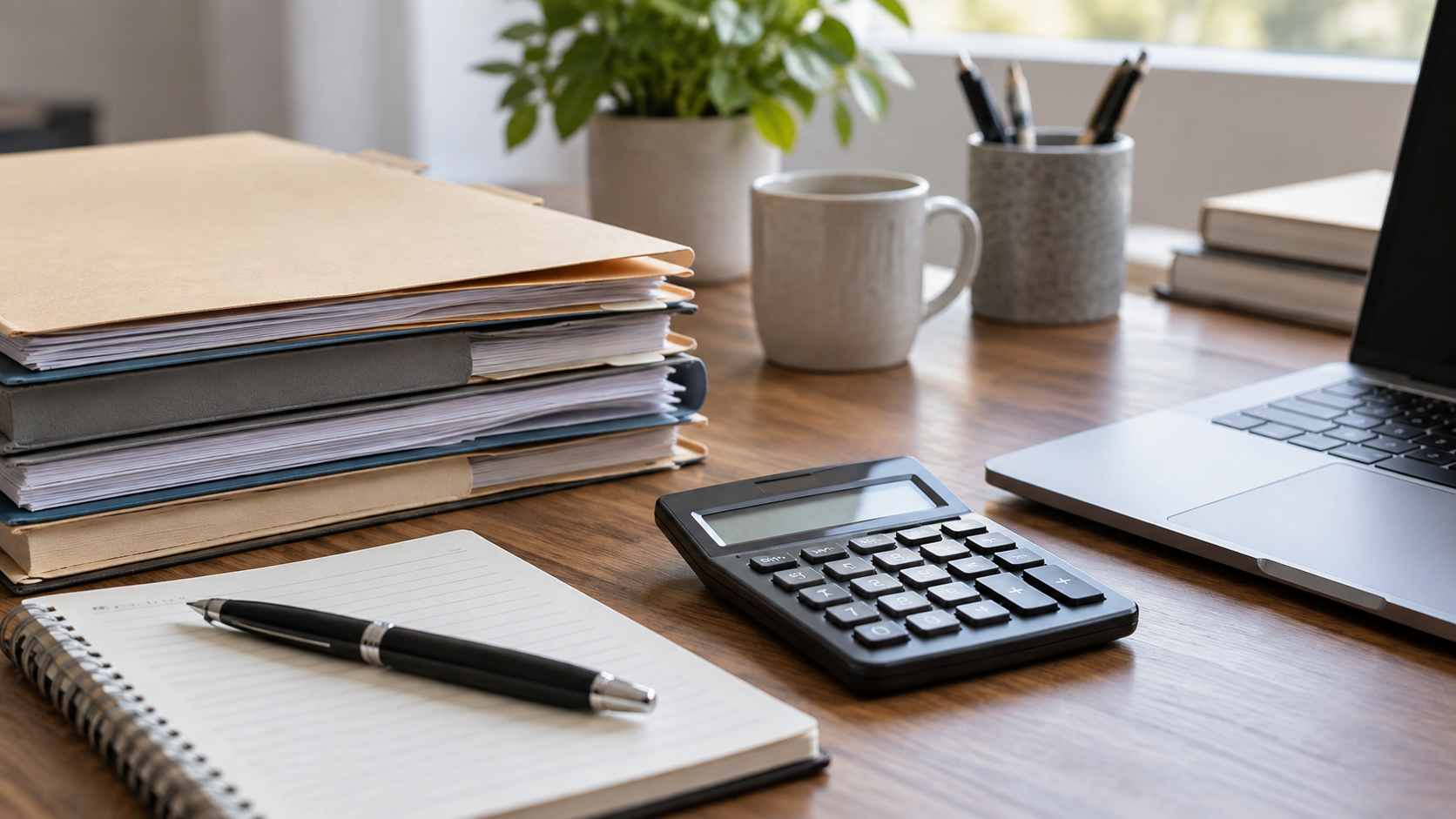 Organized document folders, a calculator and a laptop on an office desk.