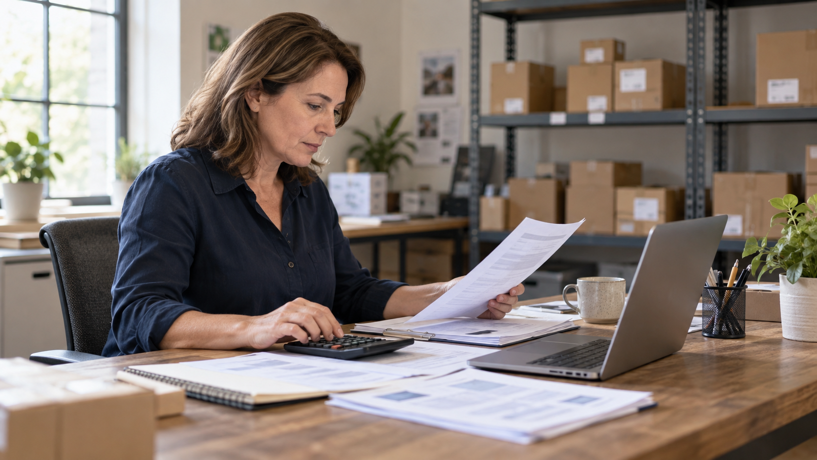 A business owner reviewing financial documents with a calculator and laptop in a warehouse office.