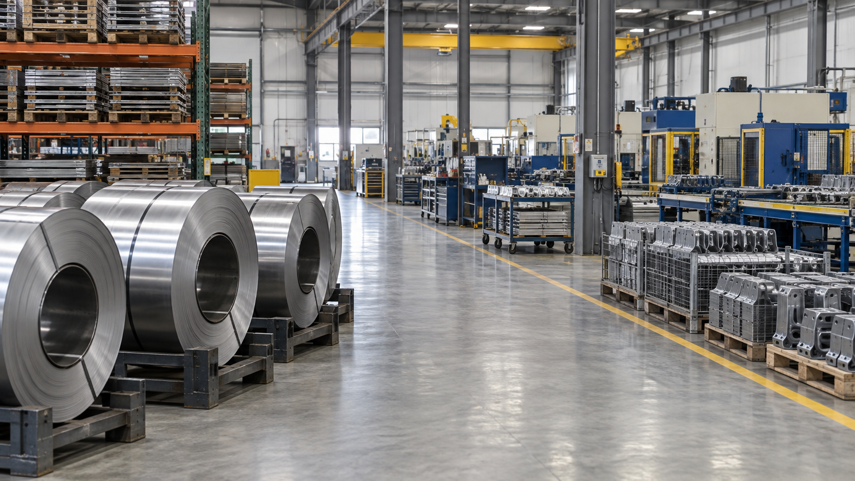 Metal coils and organized components on a manufacturing floor.