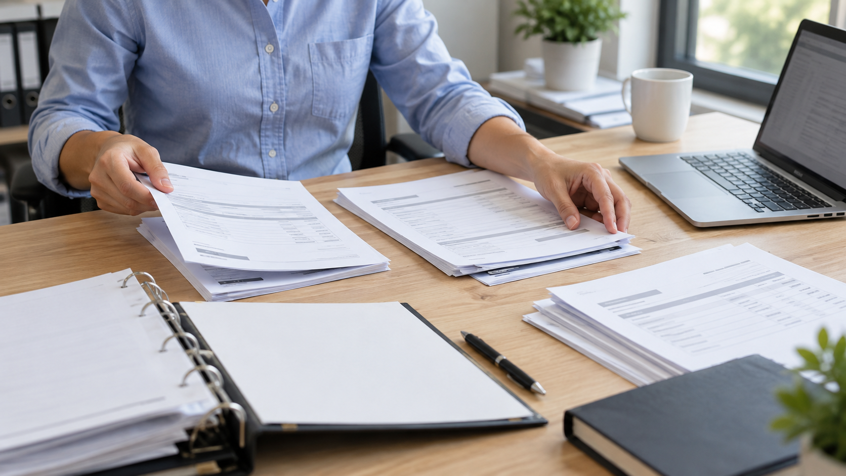 A finance worker organizing invoice paperwork beside an open binder and laptop.