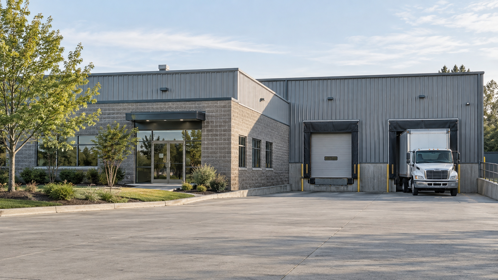A light-industrial building with an office entrance, two loading bays and a white delivery truck.