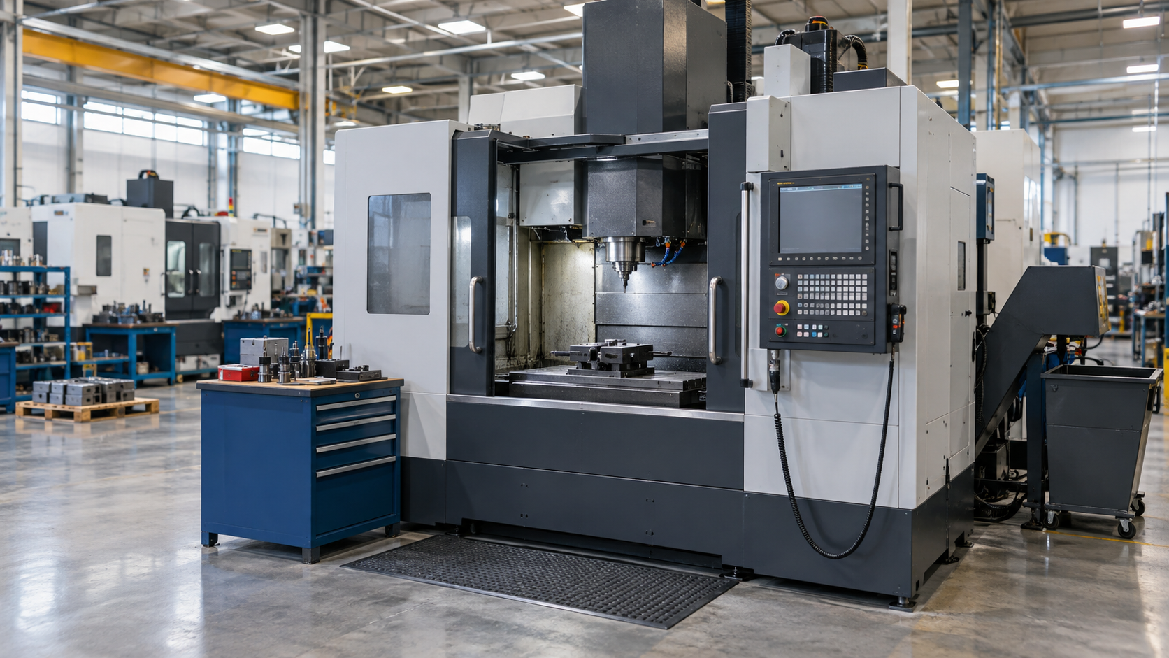 A CNC milling machine on a clean manufacturing floor.