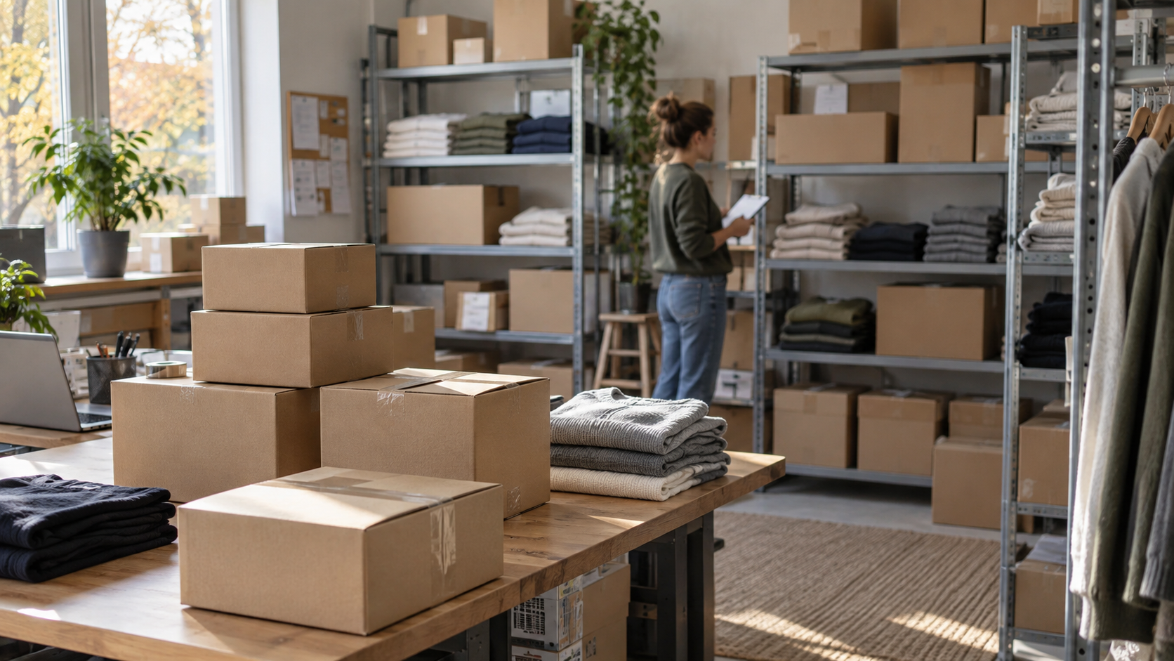 A business owner checking boxed inventory and clothing in a stockroom.