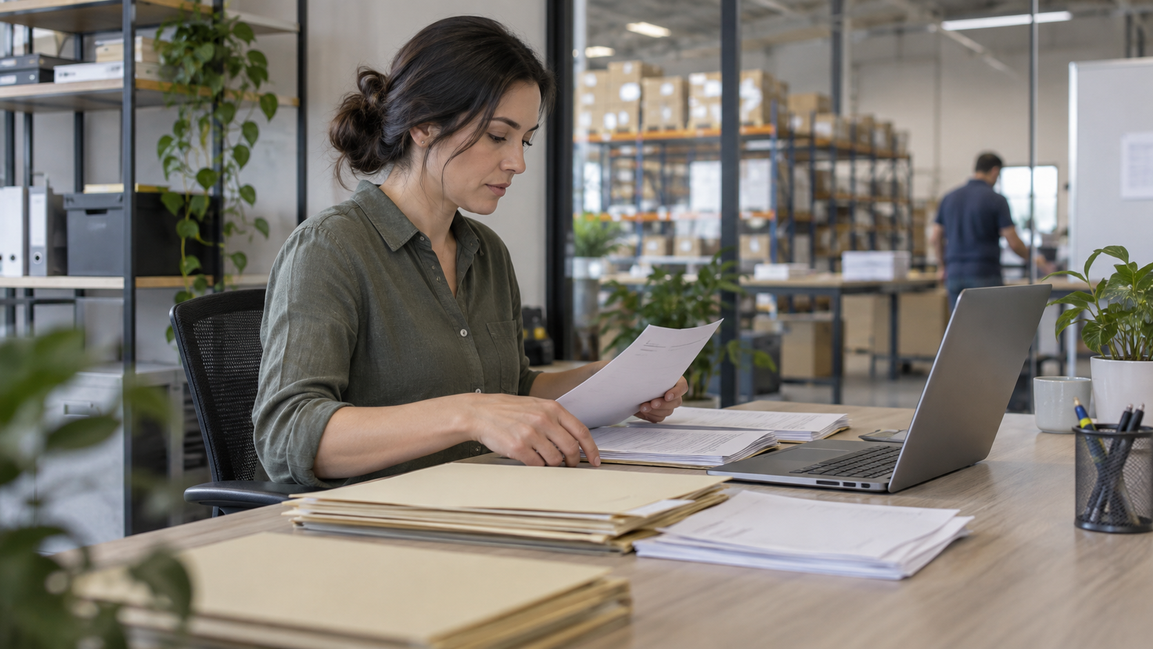 A business finance manager reviewing paperwork in a warehouse office.