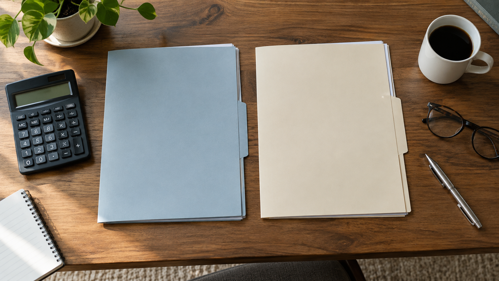 Two proposal folders beside a calculator, pen and reading glasses.