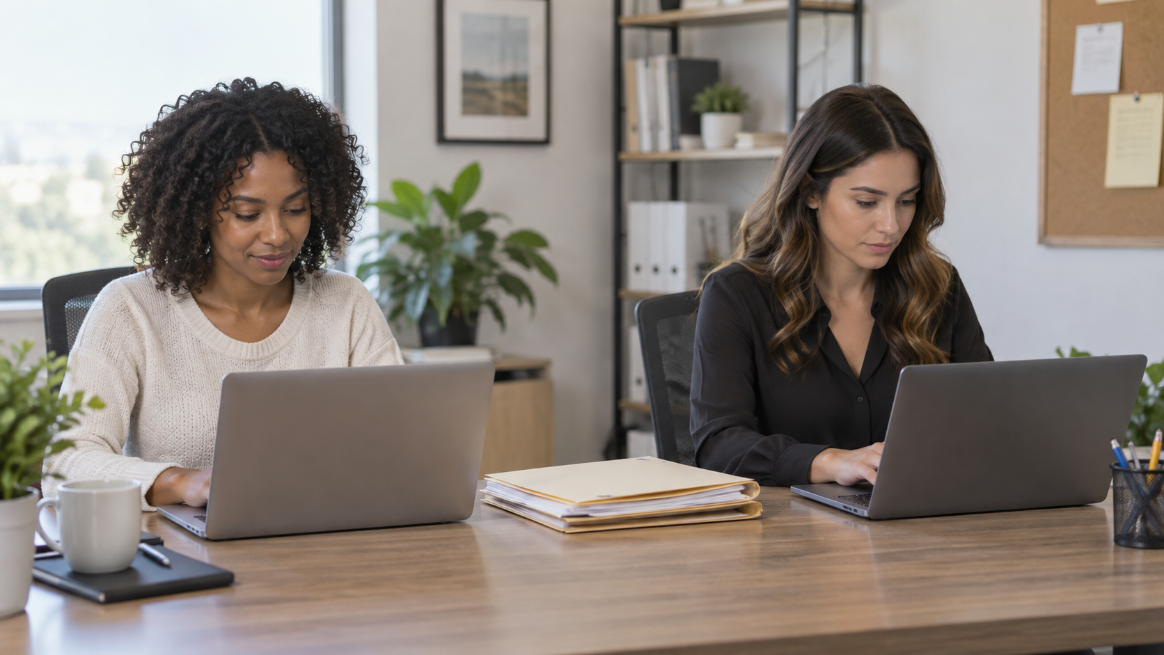 Two staffing coordinators working at laptops in a business office.