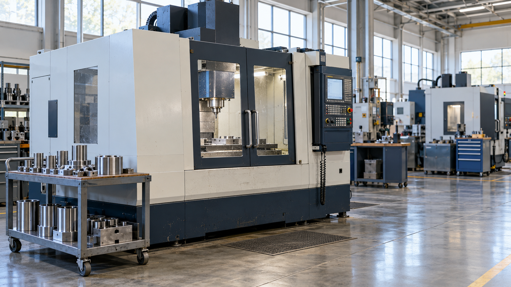 An enclosed machining center and a wheeled cart of metal components in a sunlit industrial workshop.