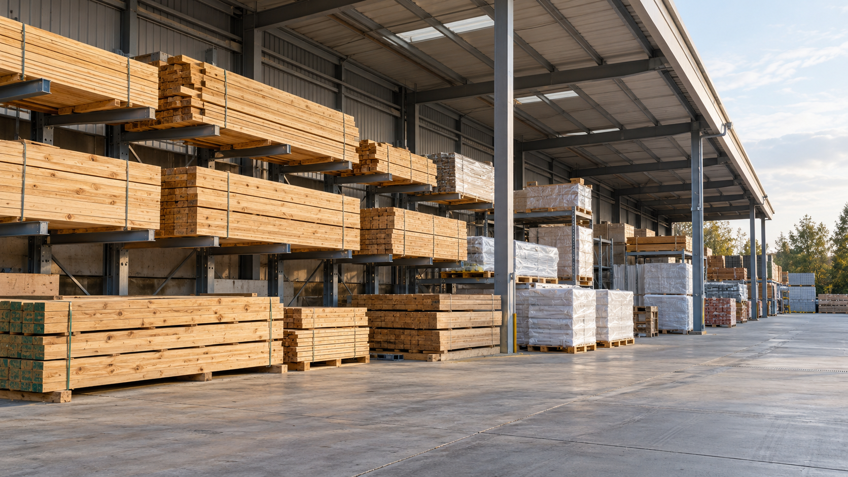 Bundled timber on storage racks and wrapped pallets beneath a covered building-materials loading bay.