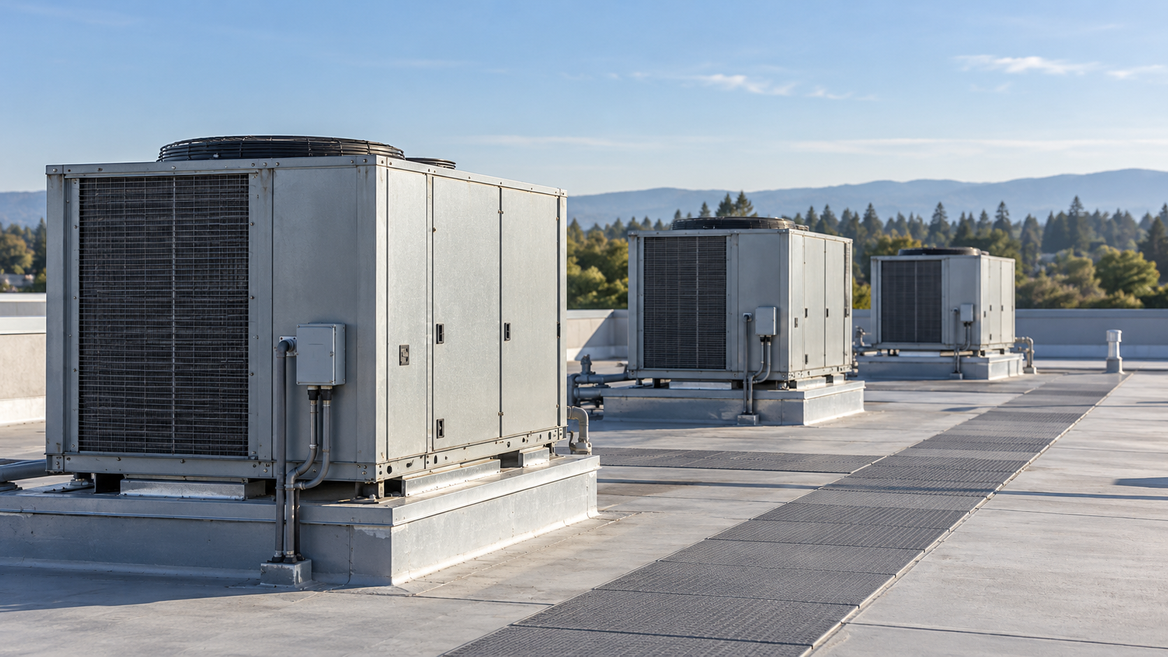 Three gray commercial HVAC units beside a maintenance walkway on a flat rooftop, with trees and hills in the distance.