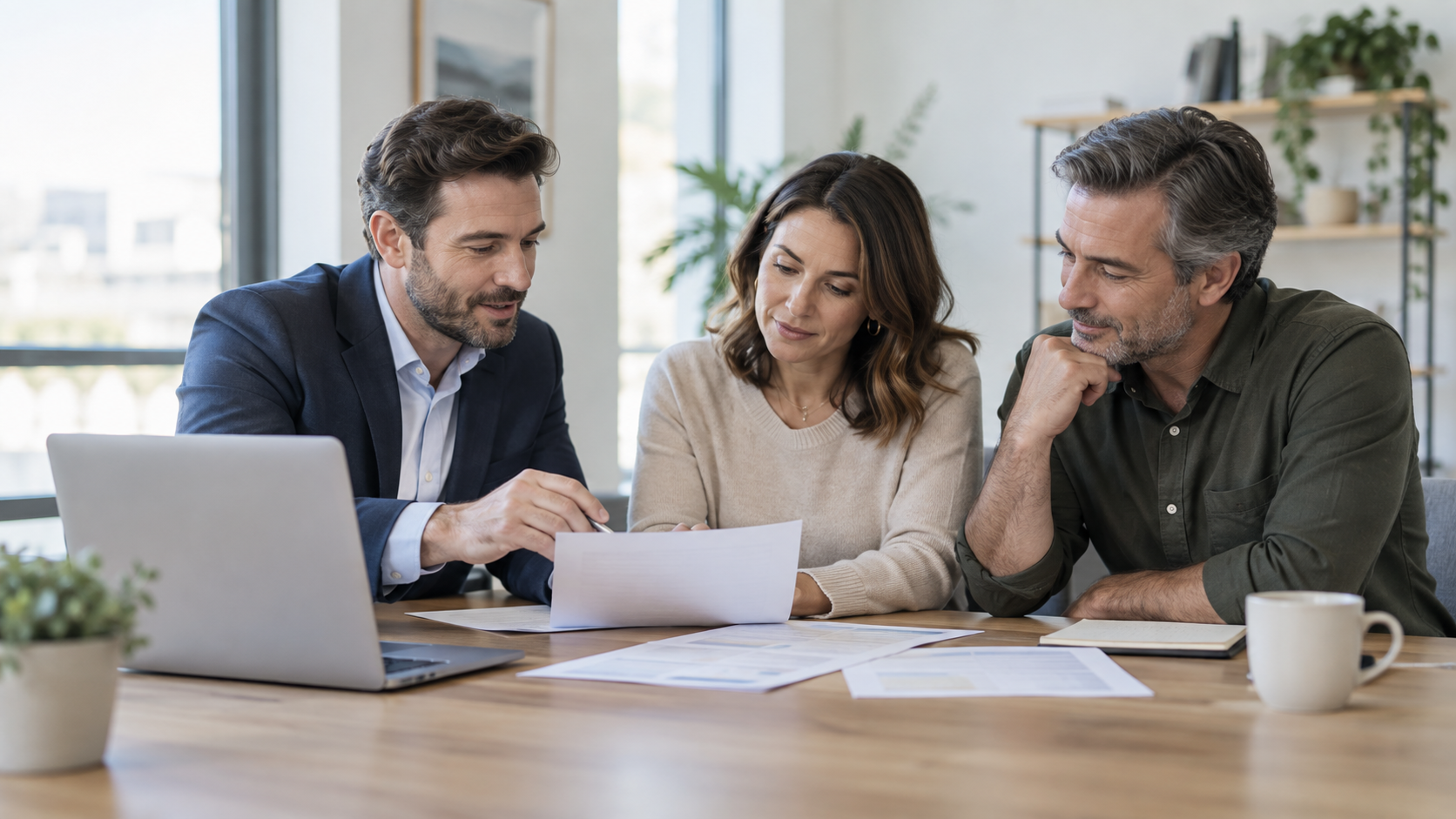 Two business owners and a financing adviser reviewing documents at an office table.