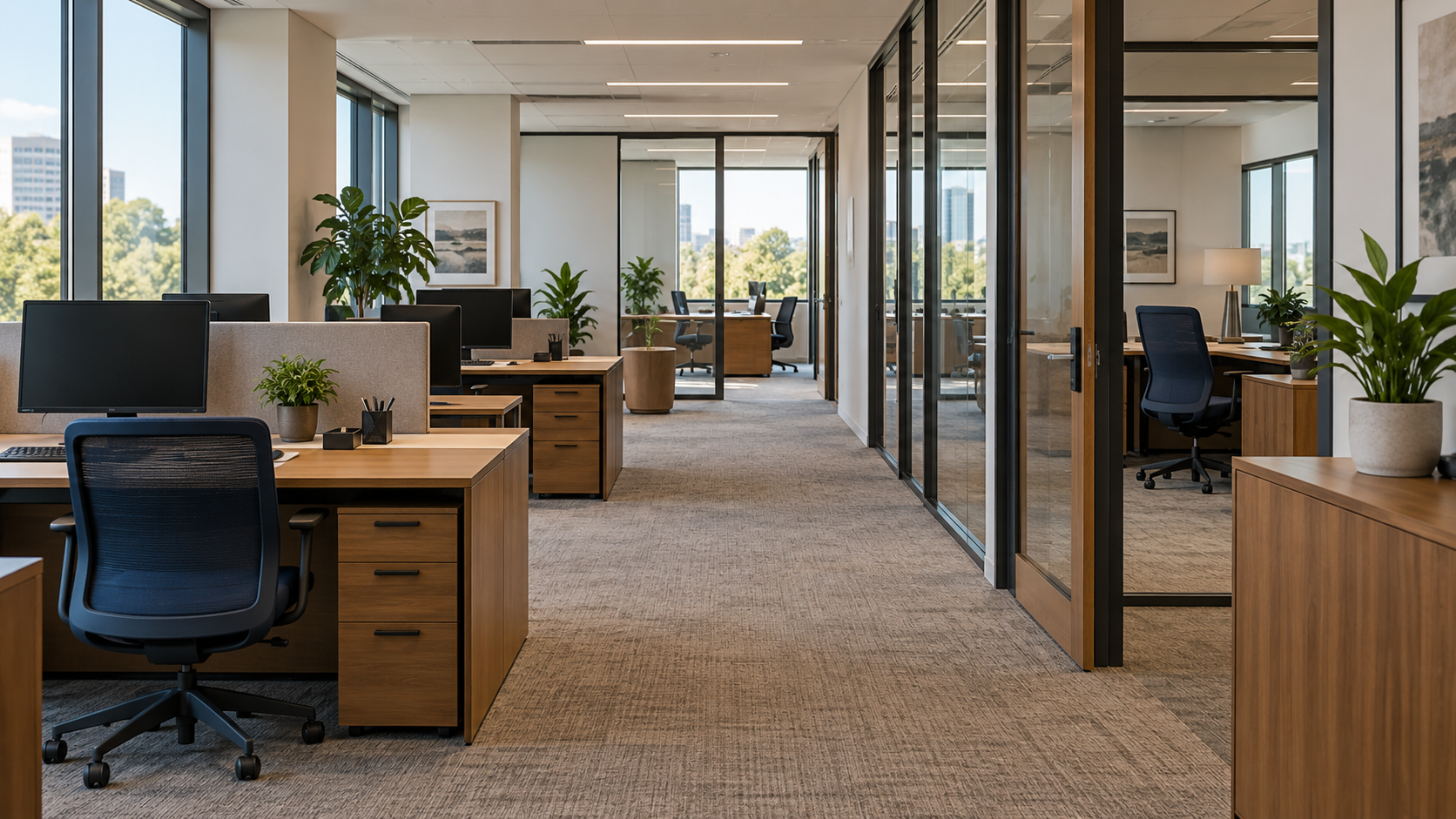 A naturally lit office with oak workstations, navy chairs, plants and glass-partitioned private rooms.