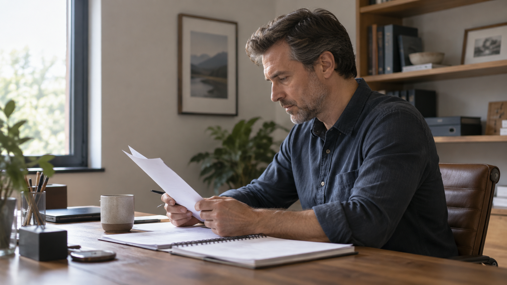 A business owner reviewing financial papers at an office desk.