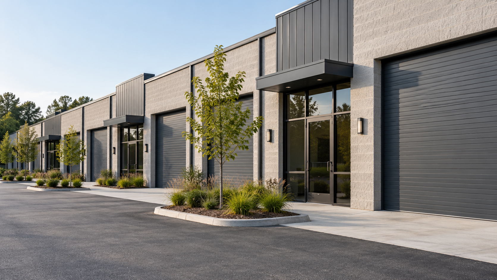 Row of light industrial units with glass entrances, gray loading doors and landscaped islands beside a paved forecourt.