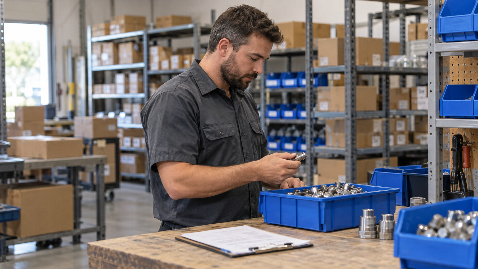 A warehouse employee examining a metal fitting beside blue inventory bins and a clipboard on a workbench.