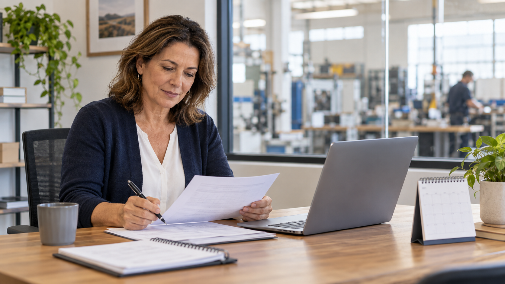A woman reviewing paperwork with a pen beside a laptop and desk calendar, with a workshop visible through the office window.