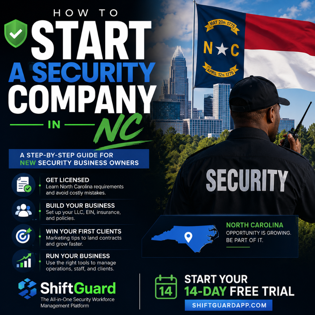 A security guard in uniform overlooks the Charlotte, NC skyline with the North Carolina state flag waving. Graphic titled 'How to Start a Security Company in NC' outlines four key steps: get licensed, build your business, win clients, and run your business using ShiftGuard.