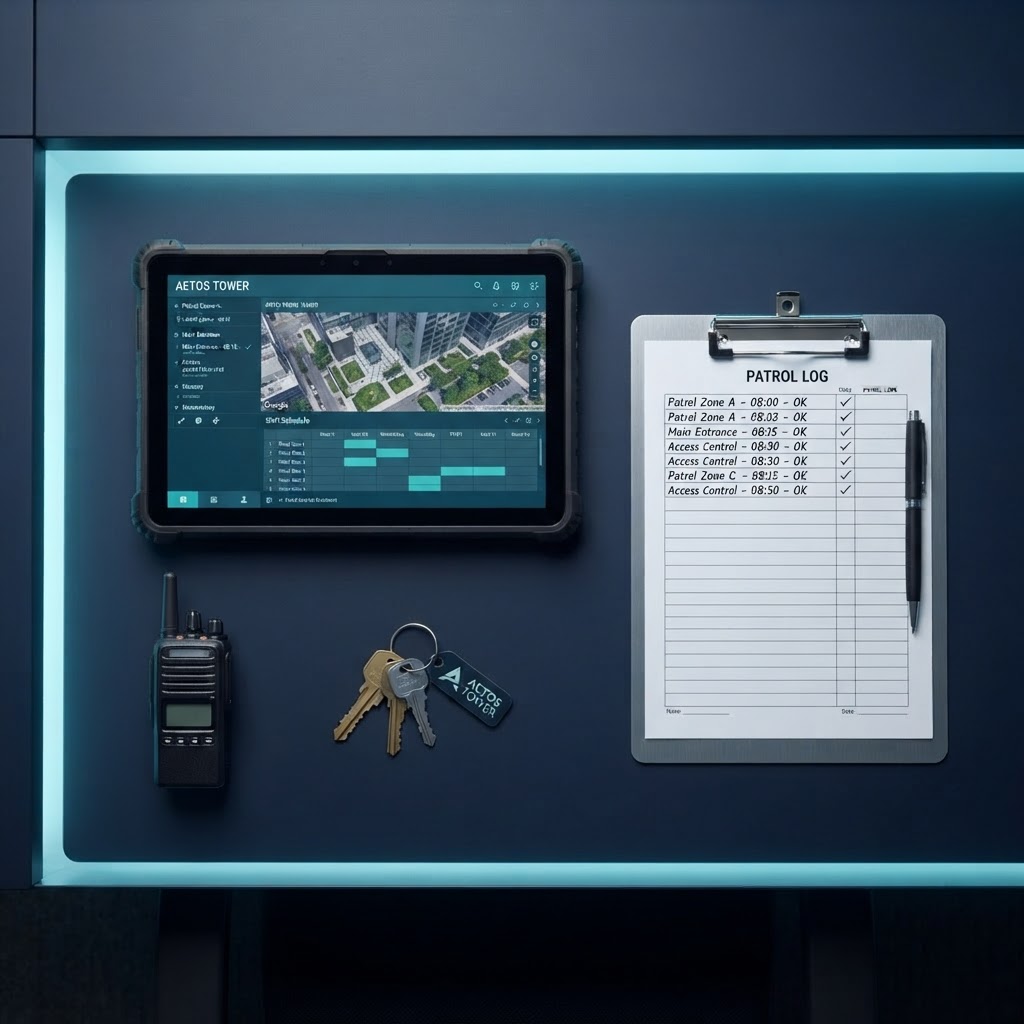 Security operations desk with tablet showing ShiftGuard dashboard, patrol logs, and equipment