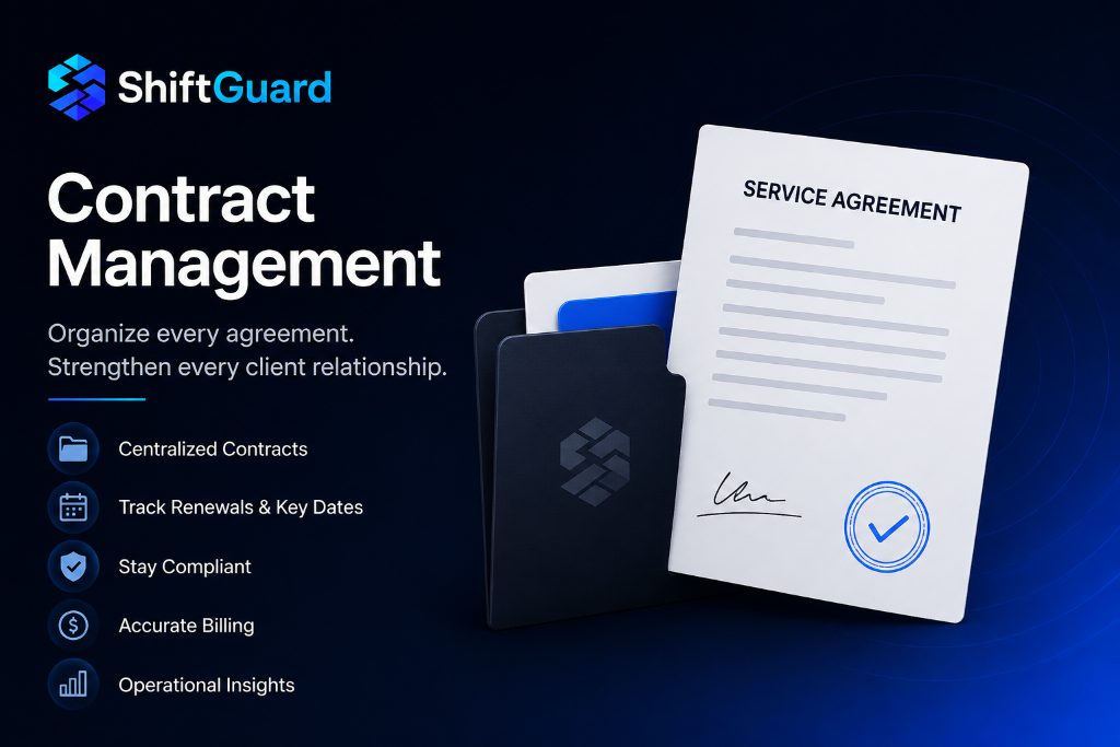 ShiftGuard contract management system for security companies — guard management system software for organizing service agreements, renewals, and billing
