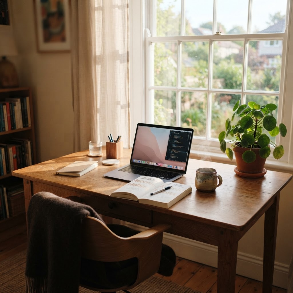 A sunlit home workspace