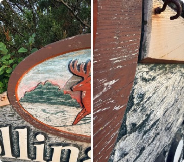 Before restoration — close-up details showing the weathered, hand-carved redwood