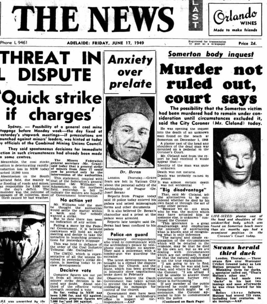 1949 newspaper report on the Somerton Man inquest