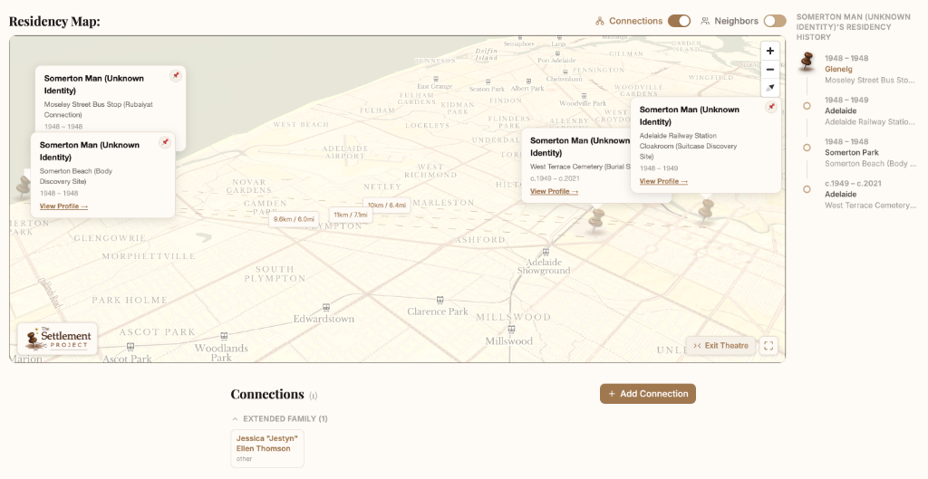 The Settlement Project map showing the Somerton Man investigation locations