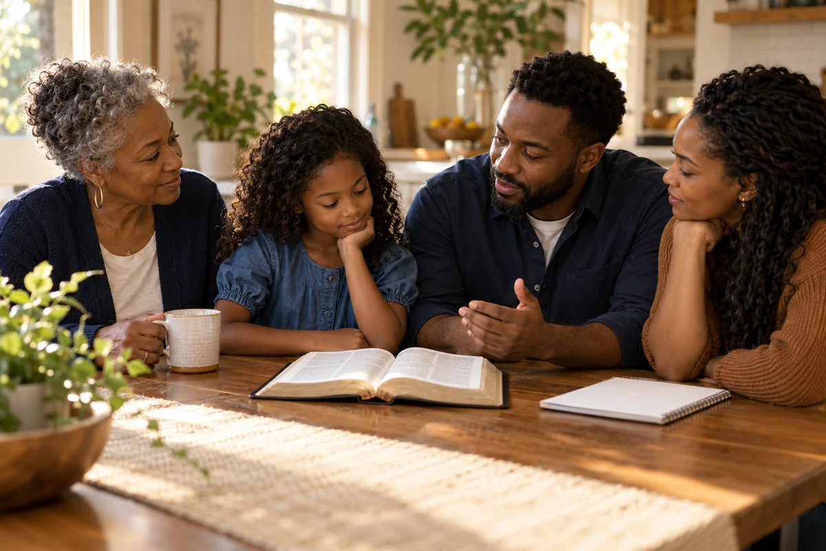 Illustrative scene of a family sharing a Bible reflection at home