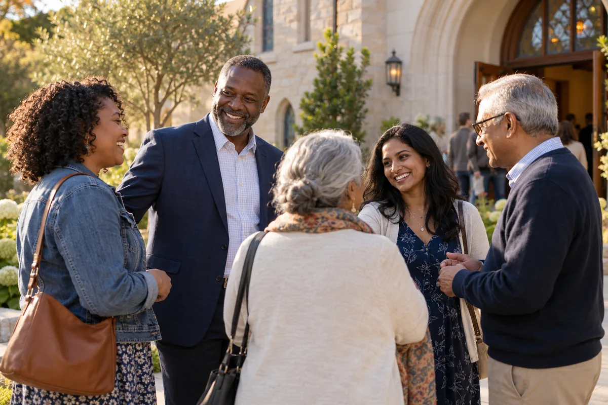 Illustrative scene of a diverse congregation warmly welcoming one another outside a church