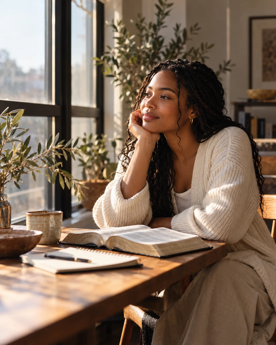 Illustrative scene of a woman reflecting beside an open Bible in warm morning light