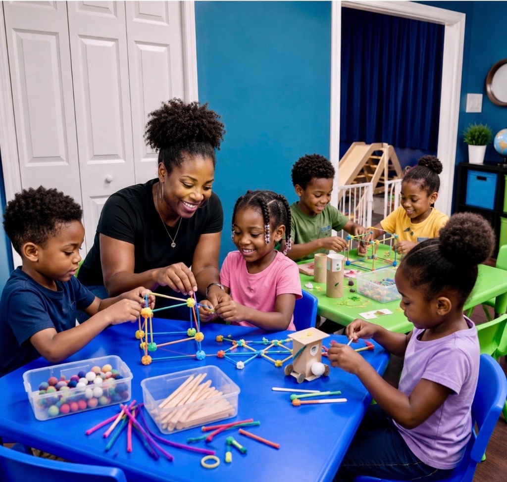 Children and caregiver building geometric STEM structures with craft sticks and pompoms at Insight Kidz Care licensed family child care in Baltimore