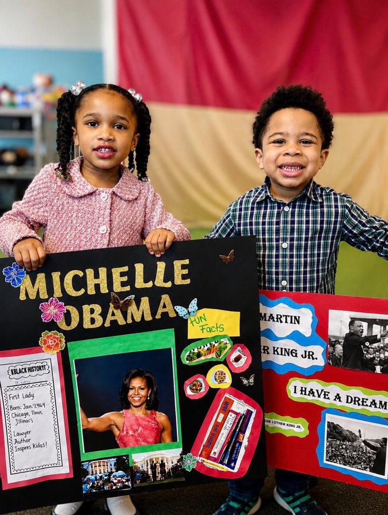 Black History Learning Project Children displaying Black History Month classroom projects at Insight Kidz Care in Baltimore.