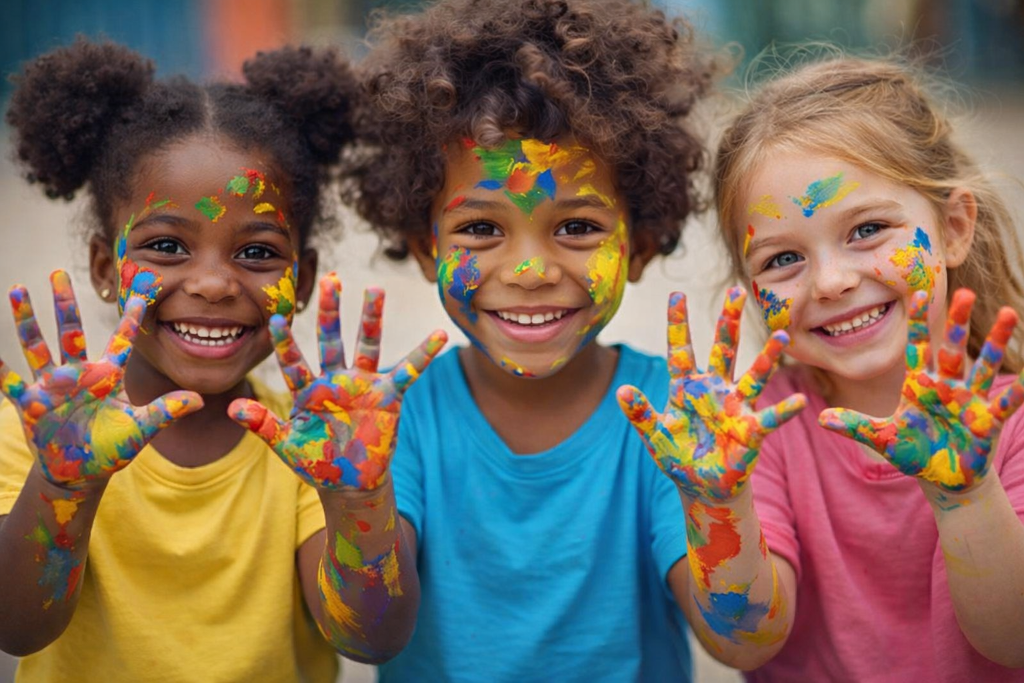 Children with painted hands enjoying arts and crafts at Insight Kidz Care licensed child care in Baltimore MD 21206