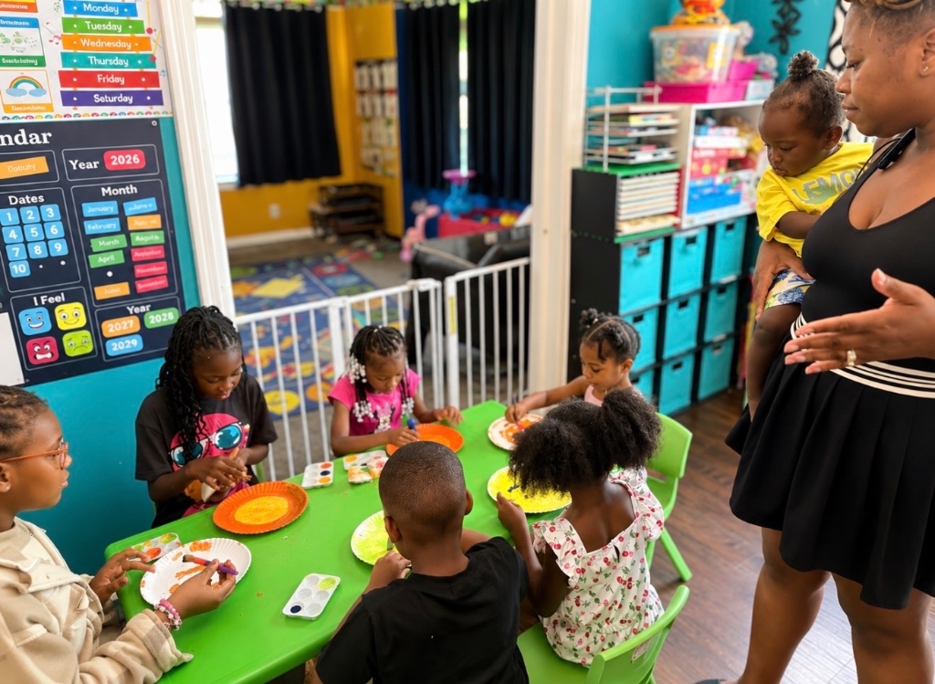 Creative Art Exploration Children participating in a supervised painting activity at Insight Kidz Care licensed family child care in Baltimore.