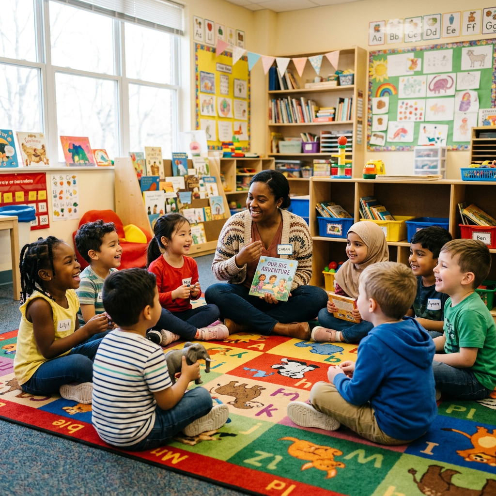 Children in circle time group activity at summer daycare Baltimore