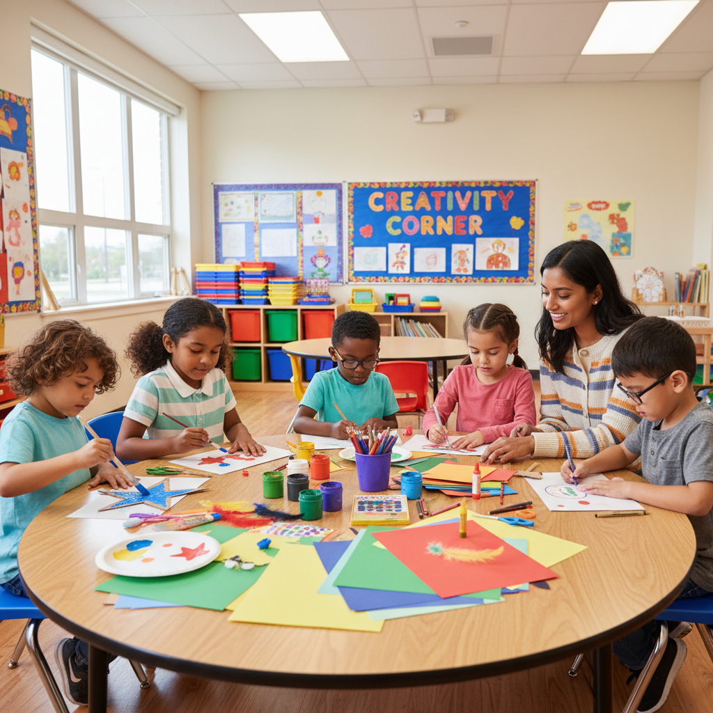 Children doing arts and crafts at summer childcare program in Baltimore MD 21206