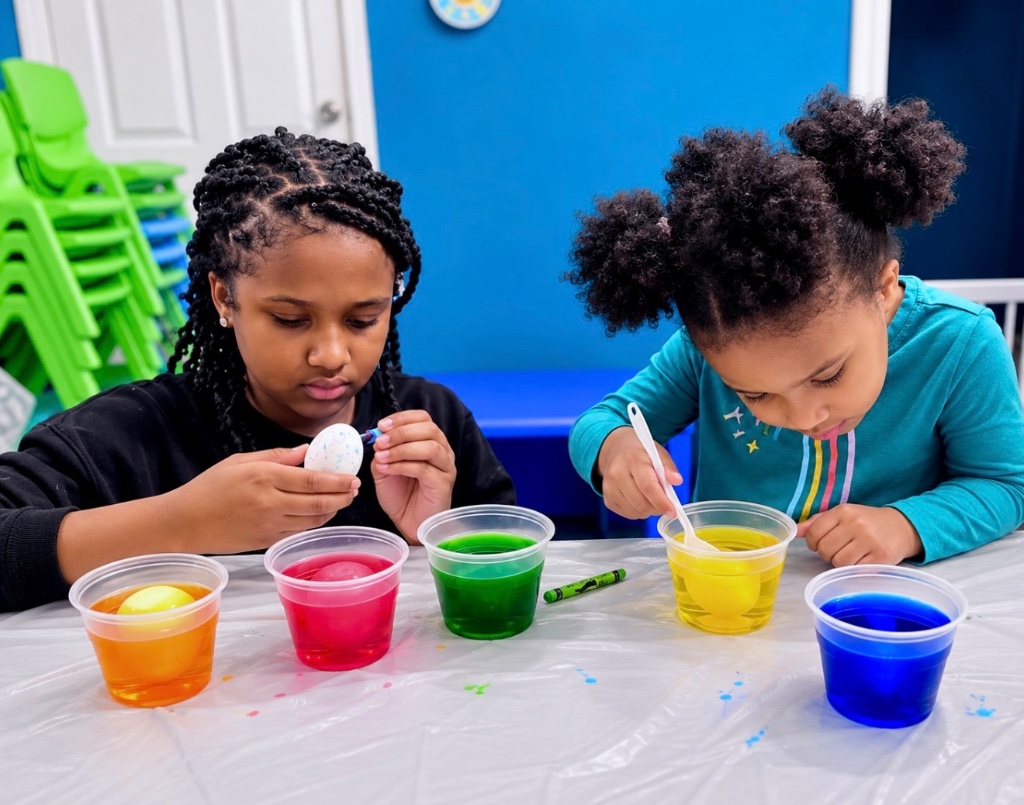 Easter Egg Dyeing Craft Children dyeing Easter eggs with colorful dye cups during a spring holiday craft activity at Insight Kidz Care early childhood program