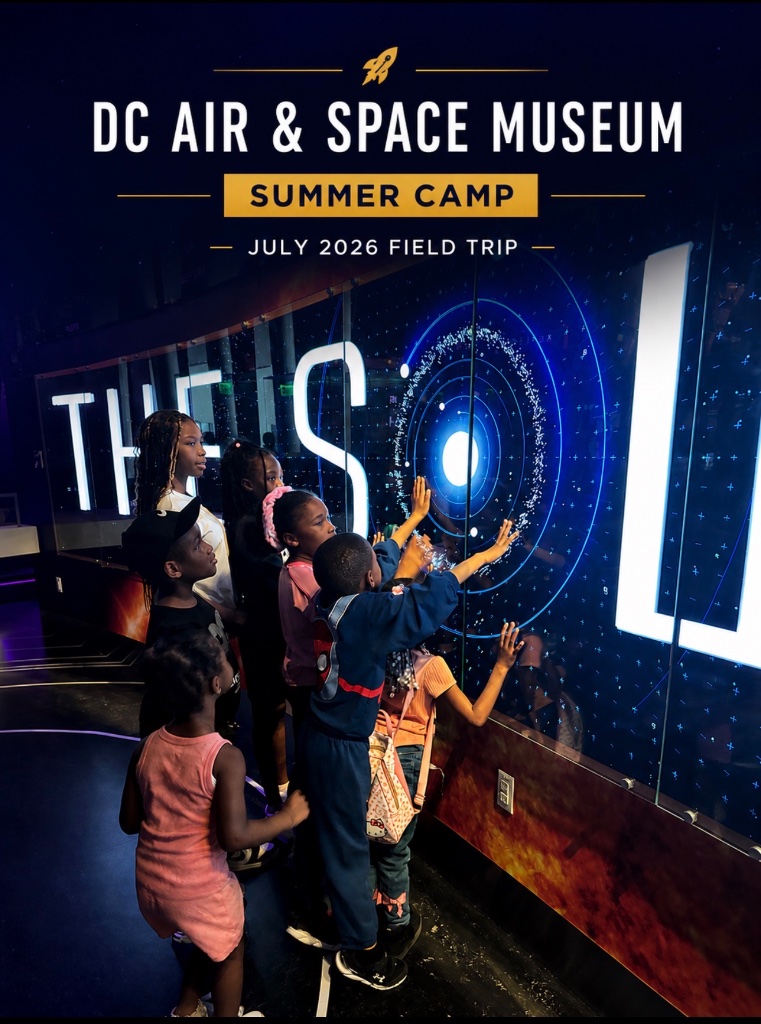 Children exploring the DC Air and Space Museum interactive solar system exhibit during a summer camp field trip with Insight Kidz Care Baltimore
