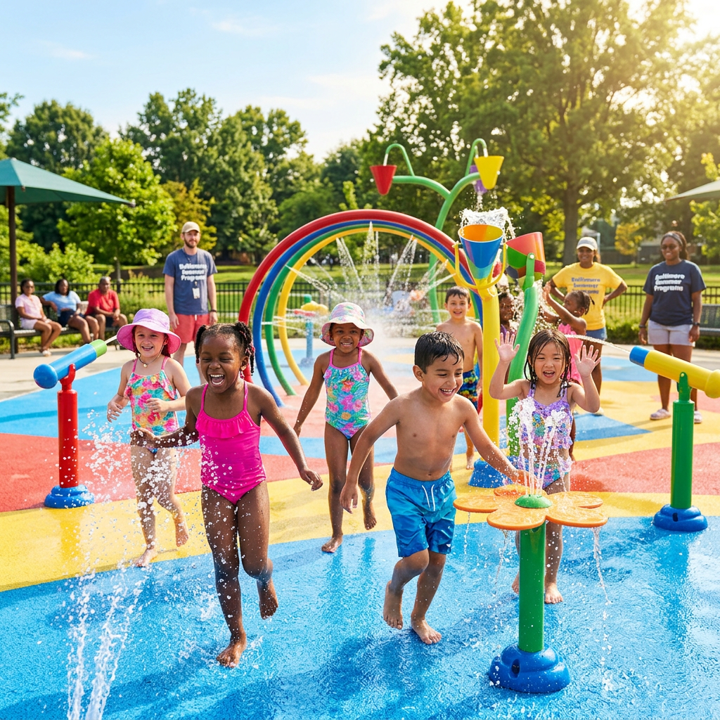 Children enjoying water splash pad park field trip summer program Baltimore MD