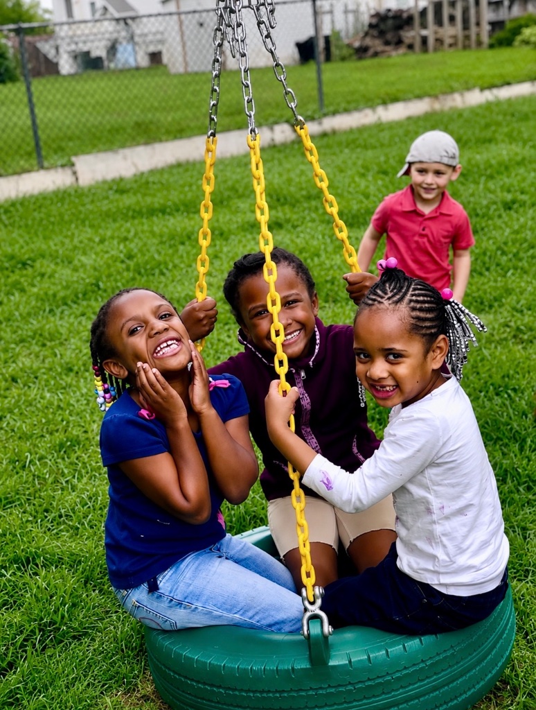 Children laughing together on a tire swing during outdoor play at Insight Kidz Care family child care program in Baltimore Maryland