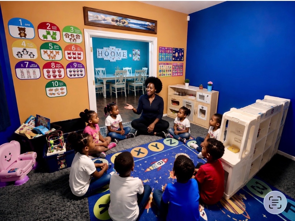 Children seated on an alphabet and space-themed learning rug during circle time with their teacher at Insight Kidz Care Baltimore family child care