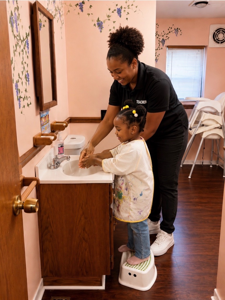 Healthy Handwashing Routine Teacher helping a child properly wash hands at Insight Kidz Care licensed family child care in Baltimore.