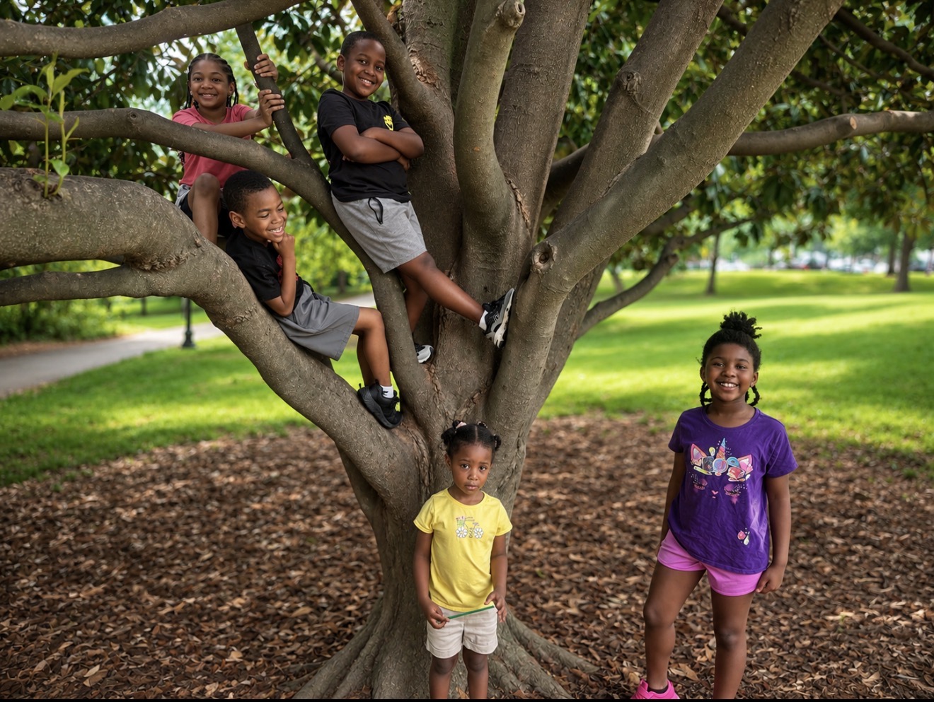 Children smiling and climbing a large tree during supervised outdoor play with Insight Kidz Care in Baltimore.