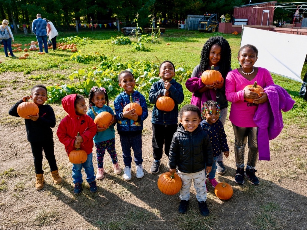 Fall Pumpkin Patch Visit Children holding pumpkins at a fall pumpkin patch field trip with Insight Kidz Care family child care program in Baltimore Maryland