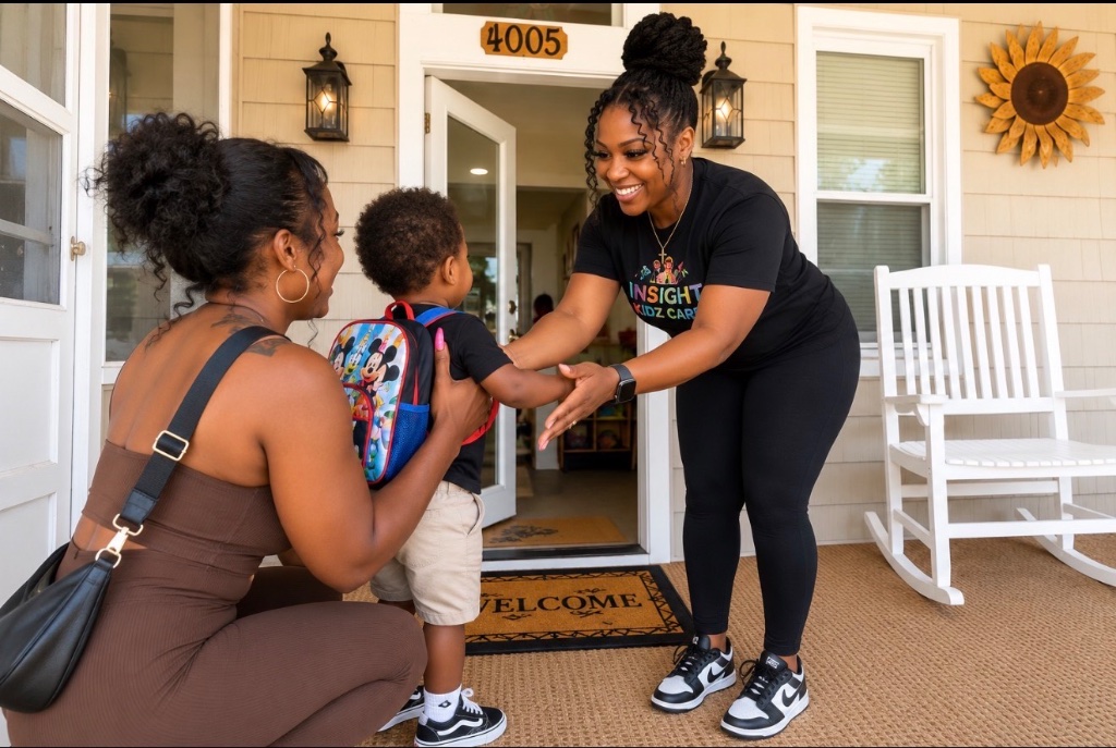Insight Kidz Care provider warmly welcoming a toddler and parent at the front door of the licensed Baltimore family child care home