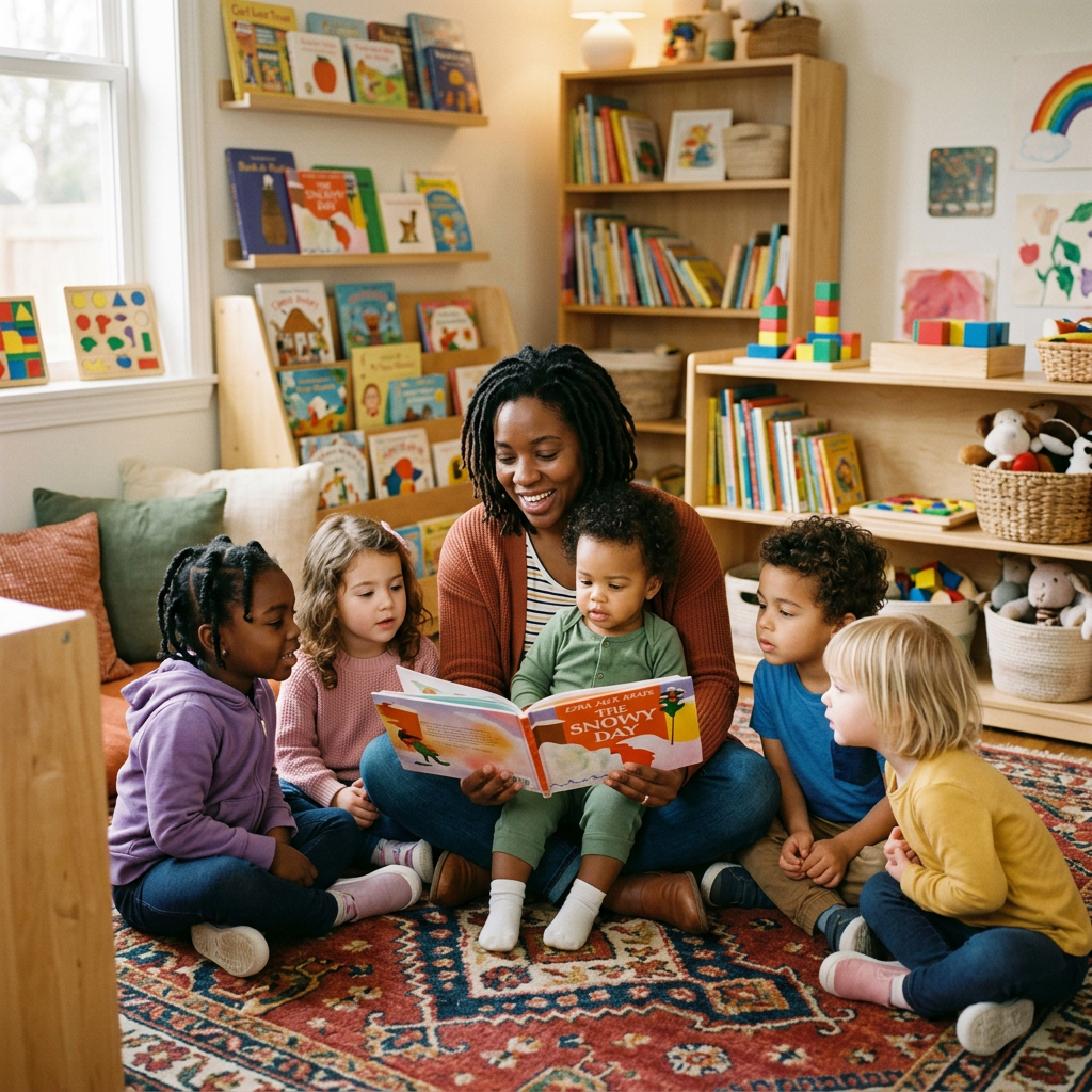 Caregiver reading to toddlers during circle time at Insight Kidz Care licensed toddler daycare Baltimore MD