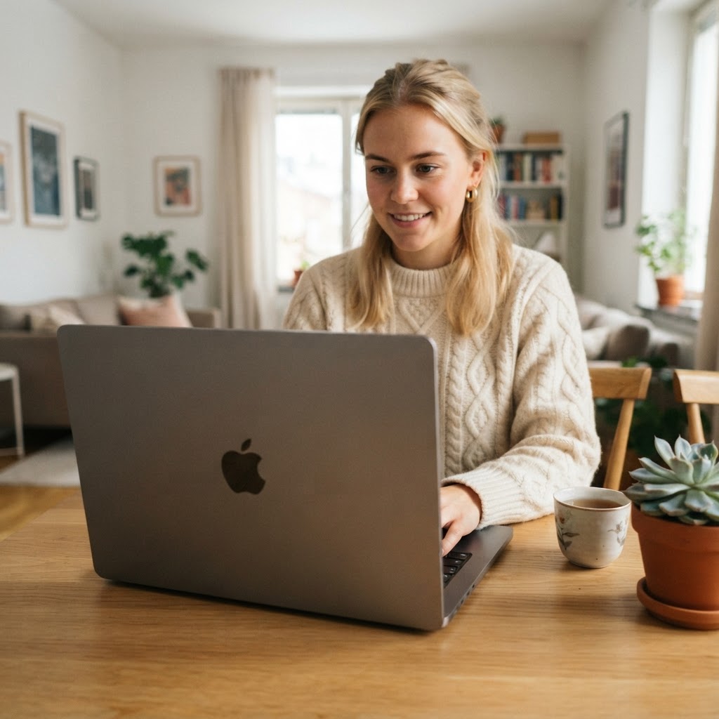 Ung mand ved laptop i almindelig lejlighed