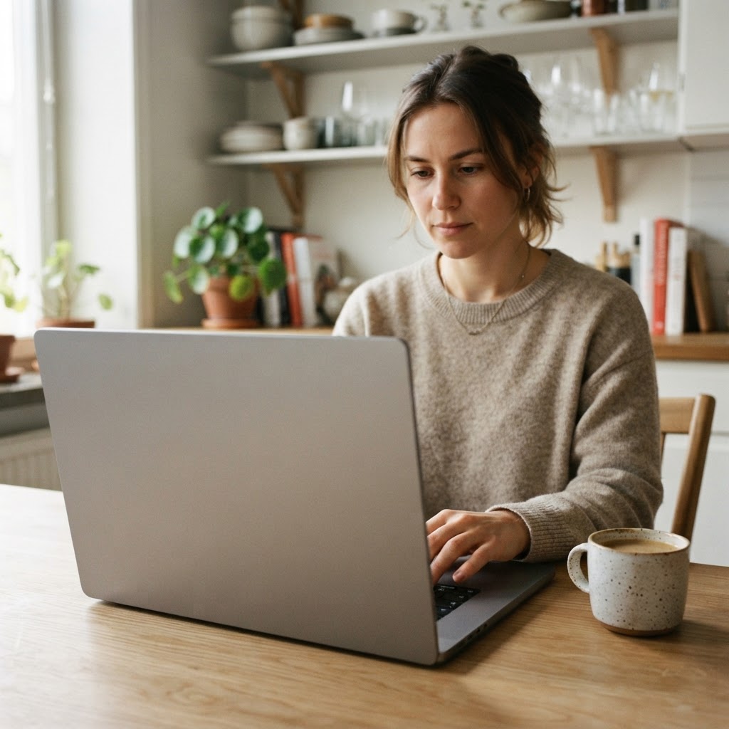 Ung boligsøgende ved laptop i almindelig lejlighed