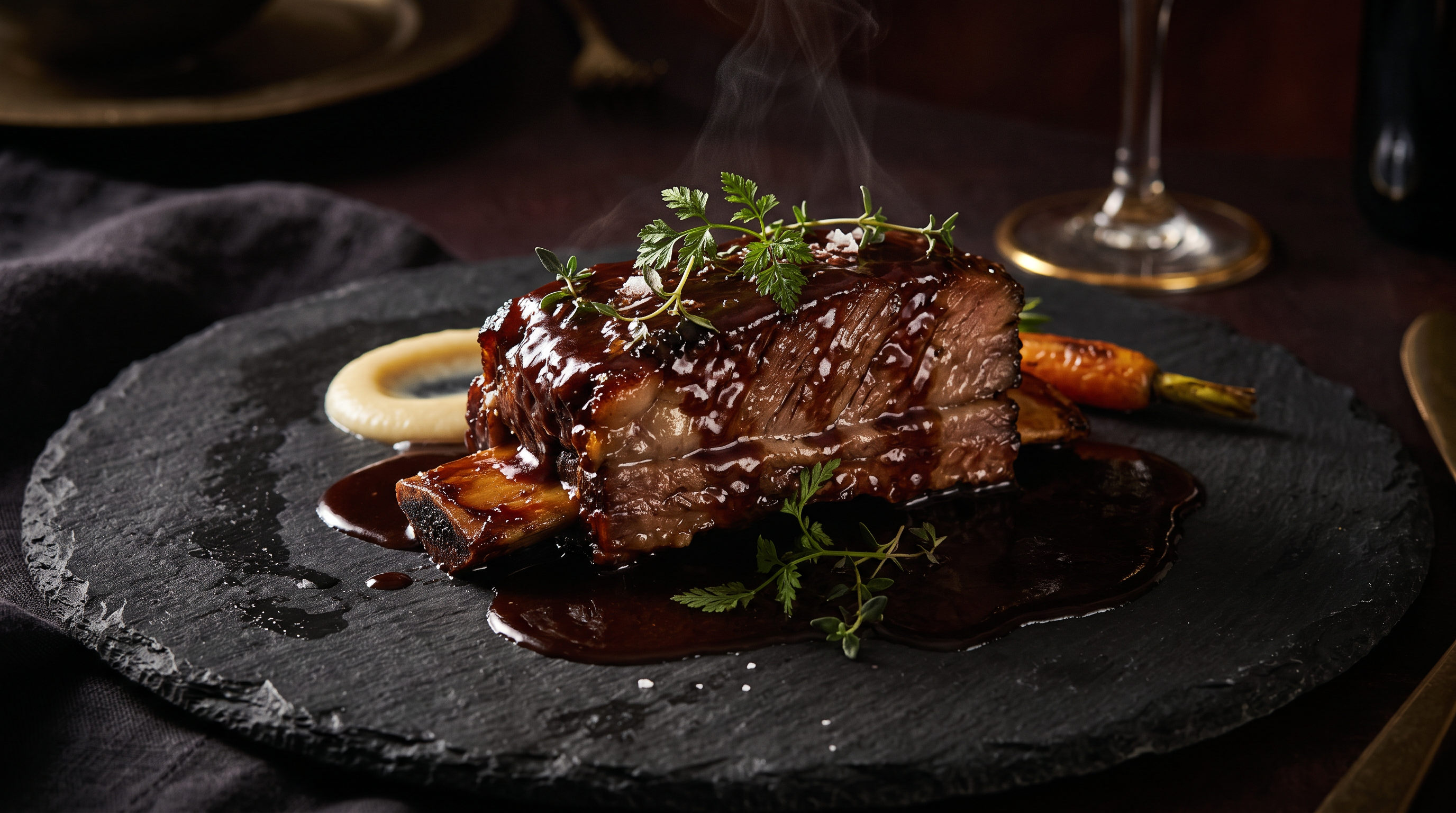 Braised short rib plated on slate by Chef Shayna Henry