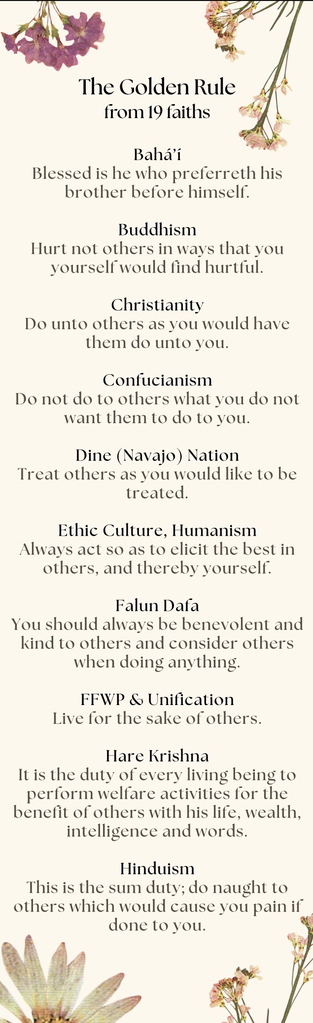 Golden Rule from 19 faiths — floral bookmark